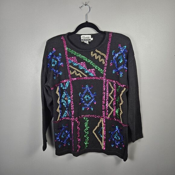 Marnie West Sweaters - Vintage 80s MARNIE WEST Black Knit Sweater Sequins/beads Abstact Womens Size Med